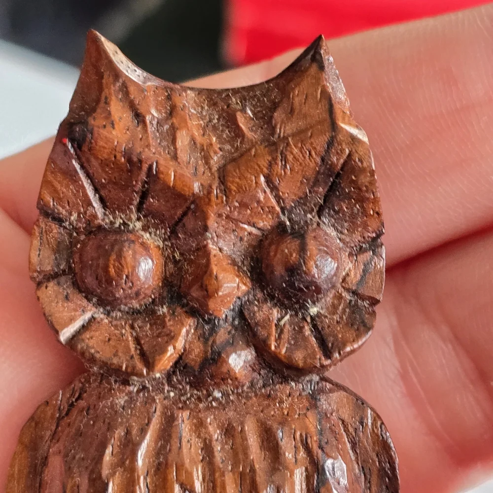 Vintage owl brooch carved wood bird brown cottage cottagecore pin